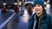 Klimaaktivistin Carla Hinrichs vor protestierenden Aktivisten auf Autobahn  