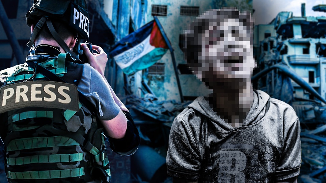 Collage: Ein Fotograf und ein verpixeltes Kind vor Ruinen in Gaza-Stadt