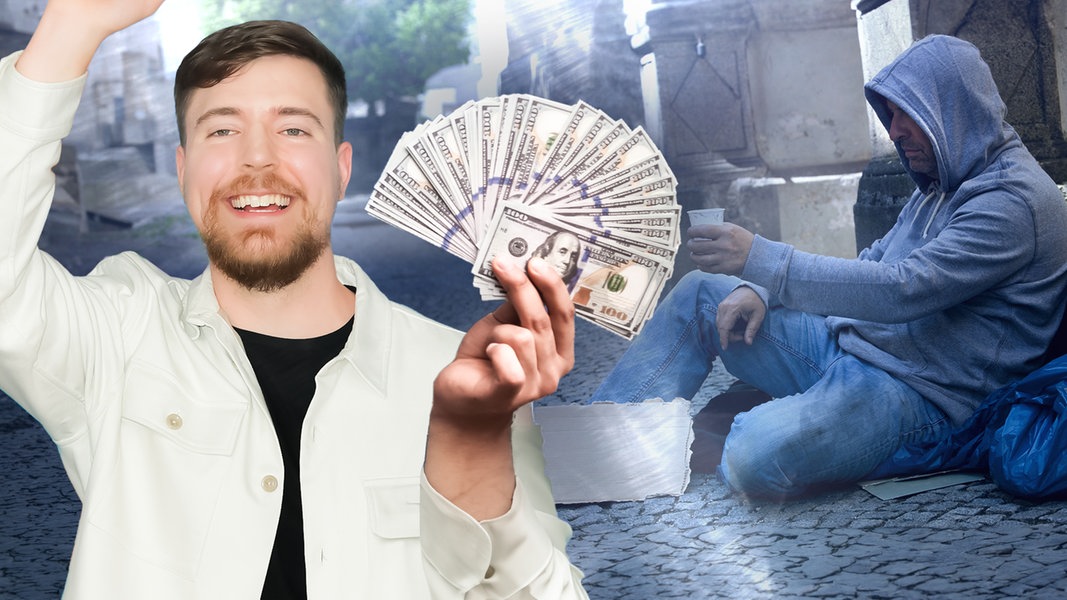 Collage: YouTuber MrBeast mit einem Bündel Dollarnoten, daneben ein Obdachloser Mensch