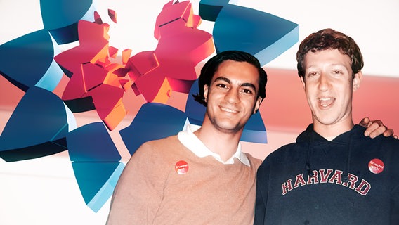 Ehssan Dariani und Mark Zuckerberg stehen nebeneinander. studiVZ-Logo im Hintergrund © privat 