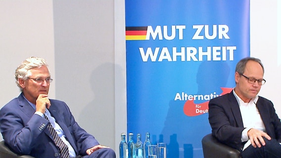 ZDF-Chefredakteur Peter Frey (li.) und Kai Gniffke, Chefredakteur ARD-aktuell bei einer AfD-Veranstaltung in Dresden. © NDR 