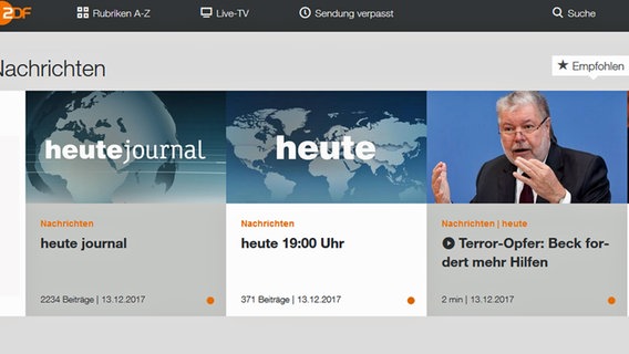 Screenshot der ZDF-Homepage © NDR 