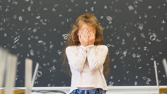 Ein Kind steht vor einer Tafel mit fliegenden Buchstaben und verdeckt sich die Augen. © picture alliance / Zoonar | Robert Kneschke 