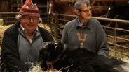 Zwei Männer und ein Hund sitzen in einem Schuppen  