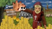 Ein animiertes Bild von einem Geistlichen, der ein Sparschwein ausschüttet.  
