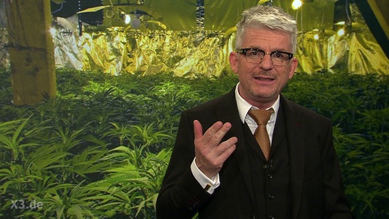 Heinz Strunk vor einer Cannabis-Zucht.  