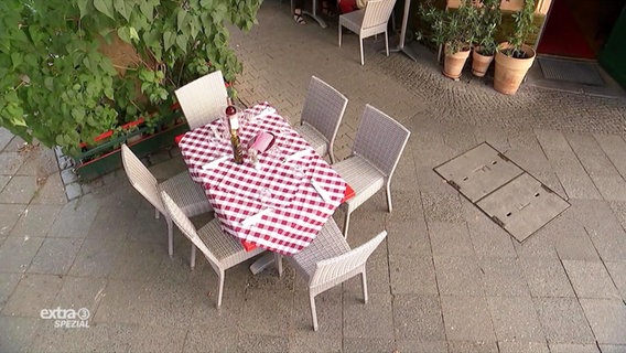 Der Tisch eines Restaurants auf einem Gehweg.  