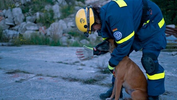 Eine Hundeführerin des THW bereitet ihren Hund auf einen Einsatz vor. © NDR/Kinescope Film 