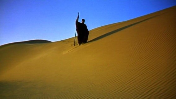 Ein Mensch geht in einer Wüste spazieren.  