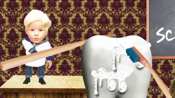 Bildmontage: Ein Kind putzt einen riesigen Zahn.  