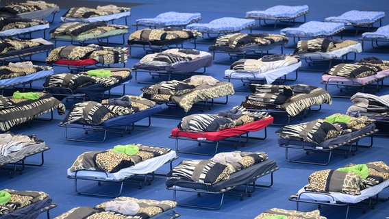 Betten in einer Turnhalle für die kurzfristige Unterbringung von  Geflüchteten. © picture alliance Foto: Robert Michael