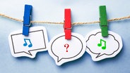 Karten beschriftet mit Fragezeichen hängen mit Wäscheklammern befestigt an einer Leine. © Fotolia.com Foto: christianchan