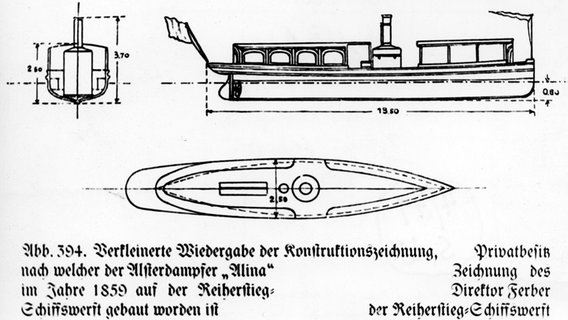 Zeichnung vom Schraubendampfer "Alina", der am 15. Juni 1859 den Startschuss für die Alsterschiffahrt gab. © Hamburger Hochbahn AG 