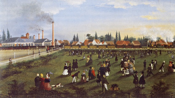 Gemäldeausschnitt, der den ersten Altonaer Bahnhof und die "König Christian VIII. Ostseebahn" zeigt. © Altonaer Stadtarchiv e.V. 