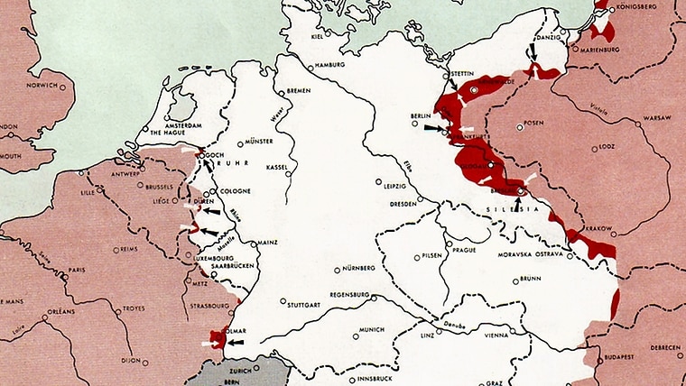 Ausschnitt der Europa-Karte vom 15. Februar 1945 aus dem "Atlas of the World Battle Fronts in Semimonthly Phases" des United States War Department, 1945, der die Gebietslage in zweiwöchigen Abständen dokumentiert. © This image is a work of a U.S. Army soldier or employee, taken or made as part of that person's official duties. As a work of the U.S. federal government, the image is in the public domain. Foto: United States War Department, General Staff 1945