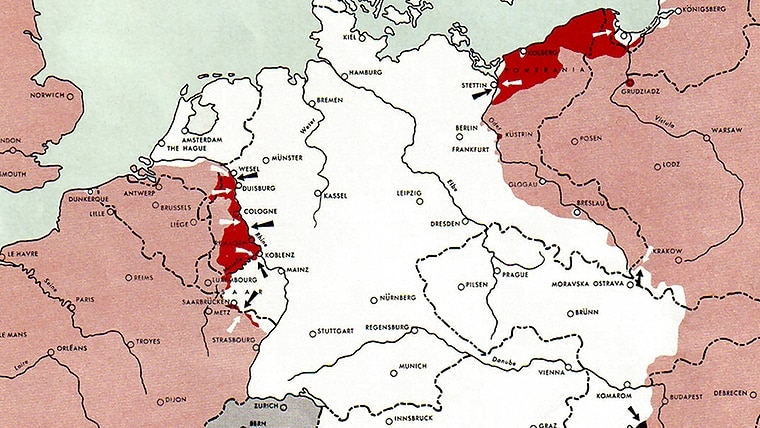 Ausschnitt der Europa-Karte vom 15. März 1945 aus dem "Atlas of the World Battle Fronts in Semimonthly Phases" des United States War Department, 1945, der die Gebietslage in zweiwöchigen Abständen dokumentiert. © This image is a work of a U.S. Army soldier or employee, taken or made as part of that person's official duties. As a work of the U.S. federal government, the image is in the public domain. Foto: United States War Department, General Staff 1945