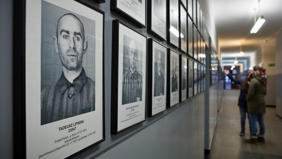 Bilder von Häftlingen zu sehen in einer Baracke der Gedenkstätte Auschwitz © NDR Foto: Christian Spielmann