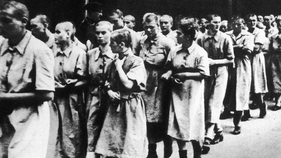 KZ Auschwitz: Eine Gruppe jüdischer Frauen, in Kittel gekleidet und kahlgeschoren, wird weggeführt. © picture-alliance / Mary Evans Picture Library/WEIMA 