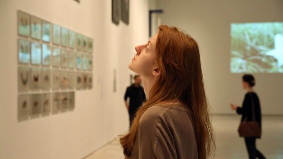 Eine Besucherin betrachtet in Krakau Bilder der Auschwitz-Ausstellung "Niemand zeugt für den Zeugen" © NDR Foto: Judith Pape