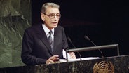 Boutros Boutros-Ghali spricht nach seiner Vereidigung als neuer US-Generalsekretär bei den Vereinten Nationen im Dezember 1991 vor der Generalversammlung der Vereinten Nationen. © picture alliance / AP Photo Foto: Marty Lederhandler