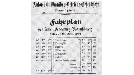 Fahrplan der Obnimuslinie Wendeburg-Braunschweig von 1904 © Heinrich-Büssing-Haus, Nordsteimke/ MAN 