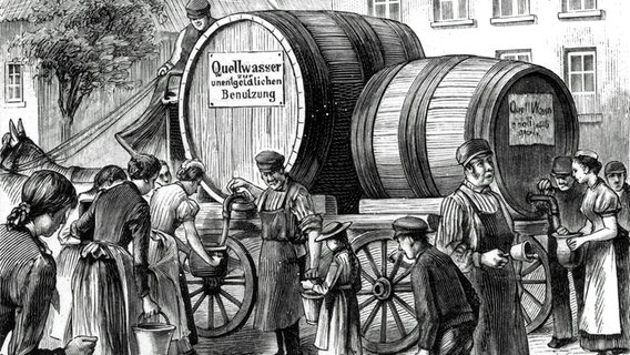 Kostenlose Ausgabe von Quellwasser während der Cholera in Hamburg 1892 (zeitgenössischer Holzstich). © picture-alliance / akg-images 