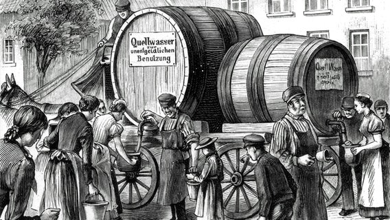 Kostenlose Ausgabe von Quellwasser während der Cholera in Hamburg 1892 (zeitgenössischer Holzstich). Kostenlose Ausgabe von Quellwasser während der Cholera in Hamburg 1892 (zeitgenössischer Holzstich). © picture-alliance / akg-images