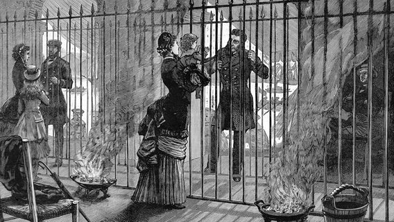 Ein Stich von 1884 zeigt die Cholera-Quarantäne von Schiffs-Offizieren in Marseille. © picture-alliance / (c) Illustrated London News Ltd 