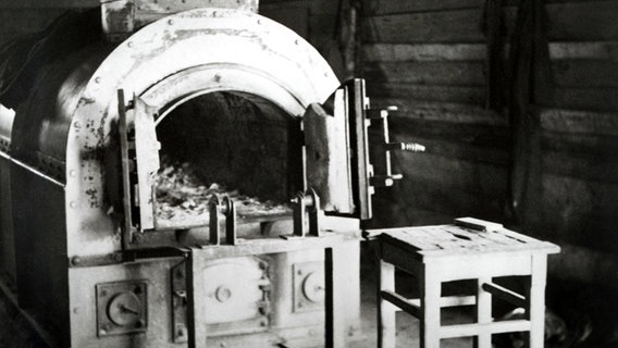 Aufnahme eines Verbrennungsofens mit geöffneten Türen, inmitten einer Hütte, rechts davor ein kleiner Tisch. © dpa Foto: LaPresse