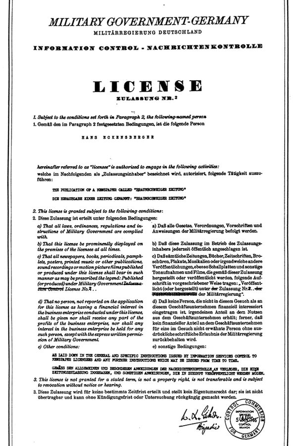 Lizenz der Militärregierung Deutschland von 1946 für Hans Eckensberger. © Braunschweiger Zeitung 