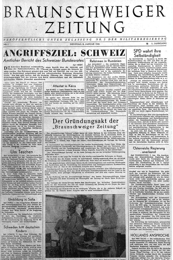Abbildung der Titelseite der Braunschweiger Zeitung vom 8. Januar 1946. Abbildung der Titelseite der Braunschweiger Zeitung vom 8. Januar 1946. © Braunschweiger Zeitung
