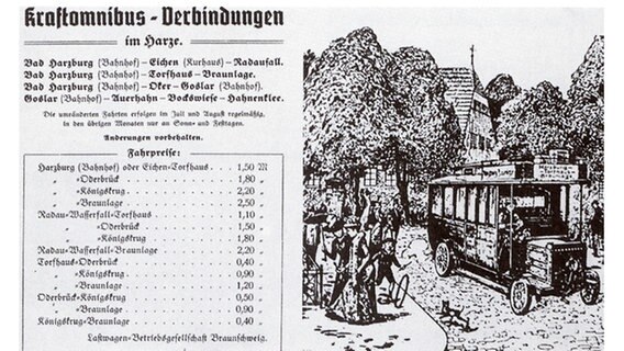 Übersicht der Lastwagen-Betriebsgesellschaf Braunschweig von Heinrich Büssing von 1904 für die Verbindungen im Harz mit Fahrpreisen. © Heinrich-Büssing-Haus, Nordsteimke/ MAN 