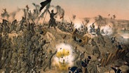 Erstürmung der Düppeler Schanzen durch preußische Truppen am 18. April 1864 (kolorierte Lithografie). © picture-alliance Foto: akg-images