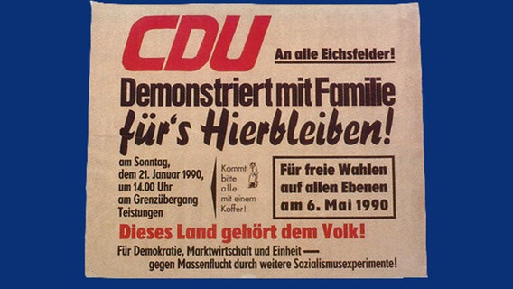 Plakat zur sogenannten Kofferdemo auf dem Eichsfelde. © Grenzlandmuseum Eichsfeld e.V Foto: Grenzlandmuseum Eichsfeld e.V