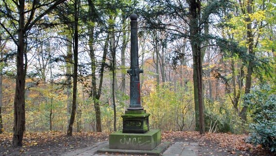 Ein Denkmal in Form einer senkrecht aufgestellten Kanone im Park © NDR.de Foto: Janine Kühl