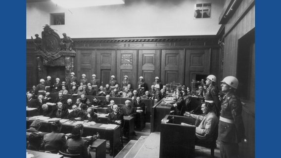 Der Gerichtssaal in Nürnberg. Der ehemalige Reichsmarschall Herrmann Göring im Zeugenstand. © NDR/Chronos-Film GmbH 