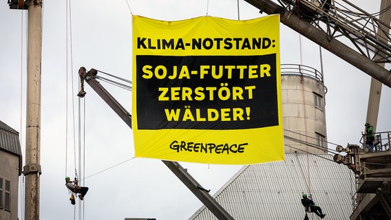 Greenpeace protestiert gegen den Import von Soja aus zerstörten Wald- und Savannengebieten am Frachtschiff "Hiroshima Star" in der Unterweser. © Greenpeace Foto: Daniel Müller