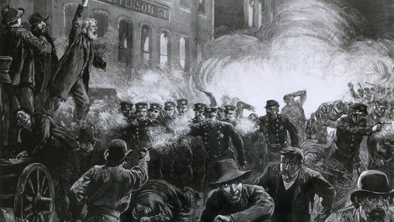 Historische Illustration des sogenannten Haymarket Riot in Chicago im Mai 1886. © picture alliance Foto: Everett Collection