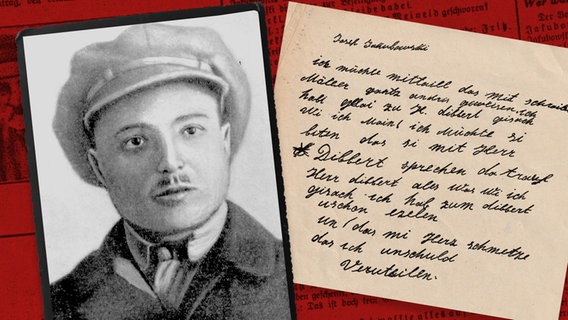 Josef Jakubowski und Faksimile seines letzten Briefes an seinen Anwalt Karl Koch, in dem er seine Unschuld beteuert. © NDR / Heiko Kreft 