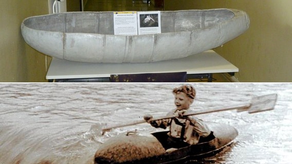 Montage aus zwei Bildern: Das obere zeigt einen Jagdflugzeug-Zusatztank, der zu einem Boot oder einer Wanne umgebaut wurde. Das untere Bild, eine Aufnahme von 1950 zeigt einen kleinen Jungen, der in so einem improvisierten Boot in einem Fluss paddelt. © Oberes Bild: Sammlung Herbert Wintersohl / Unteres Bild: Spielzeugmuseum Nürnberg 