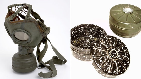 Bildmontage: links Foto einer Heeresgasmaske aus dem 2. Weltkrieg, rechts eine emaillierte Dose, die aus dem Filtergehäuse der Gasmaske hergestellt wurde. © Herbert Wintersohl 