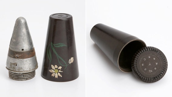 Montage: links im Bild der Zünder für eine Flugabwehrkanone, rechts die Transportdose aus Bakelit, mit Blumen bemalt. © Herbert Wintersohl 