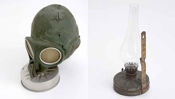 Bildmontage: Links eine Volksgasmaske. Rechts eine Petrolumlampe, die aus der Filterdose einer Volksgasmaske gefertigt wurde. © Herbert Wintersohl 