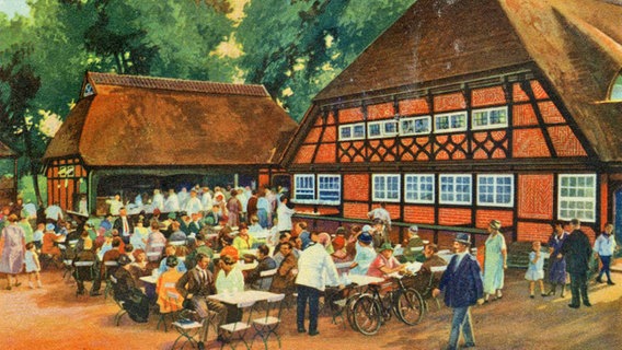 Historische Postkarte um 1928 mit Zeichnung der Milchwirtschaft im Hamburger Stadtpark © Hamburg Museum Foto: Druck Mühlmeister & Johler
