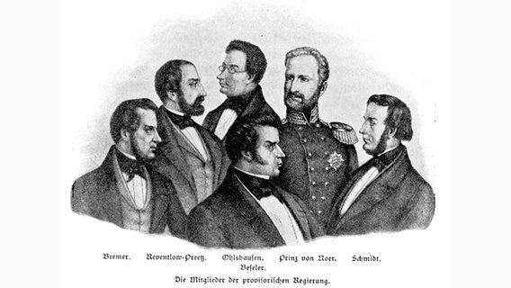 Die Mitglieder der provisorisches Regierung Schleswig-Holsteins von 1848, Lithographie von Liliencron © Liliencron, Public domain, via Wikimedia Commons 