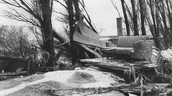 Ein Sofa steht inmitten der zerstörten Kleingartenkolonie in Wilhelmsburg nach der Sturmflut 1962 © NDR Foto: Hildegard Westphal
