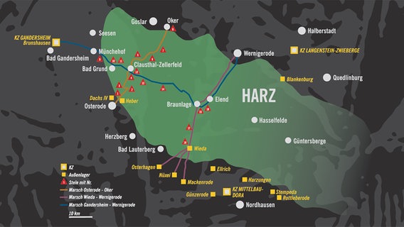 Eine Grafik visualisiert verschiedene Marsch-Routen im Harz. © Spurensuche Harzregion e.V. Goslar 