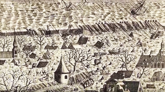 Zeitgenössischer Stich überschwemmter Häuser und Deichbrüche nach der Weihnachtsflut von 1717. © NDR 