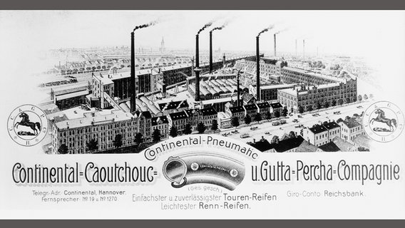 Plakat mit Blick über das Fabrikgelände der Continental-Caoutchouc- und Gutta-Percha Compagnie, heute Continental AG, in Hannover-Vahrenwald um 1906. © picture-alliance / akg-images / Continental AG | Continental AG 