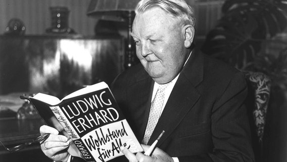 Bundeswirtschaftsminister Ludwig Erhard 1957 mit dem von ihm herausgegebenen Buch "Wohlstand für Alle". © picture-alliance / akg-images | akg-images 